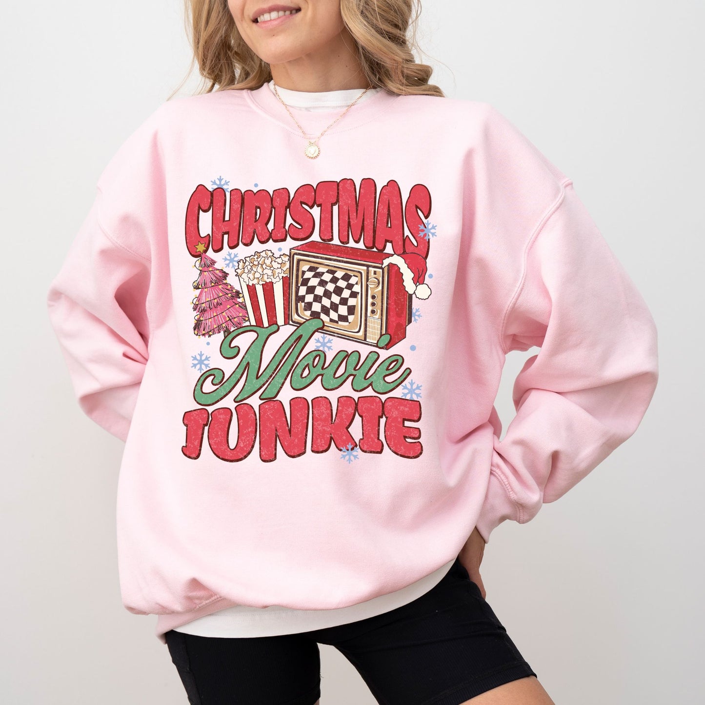 Christmas Movie Junkie Sweatshirt – Retro TV & Popcorn Holiday Crewneck