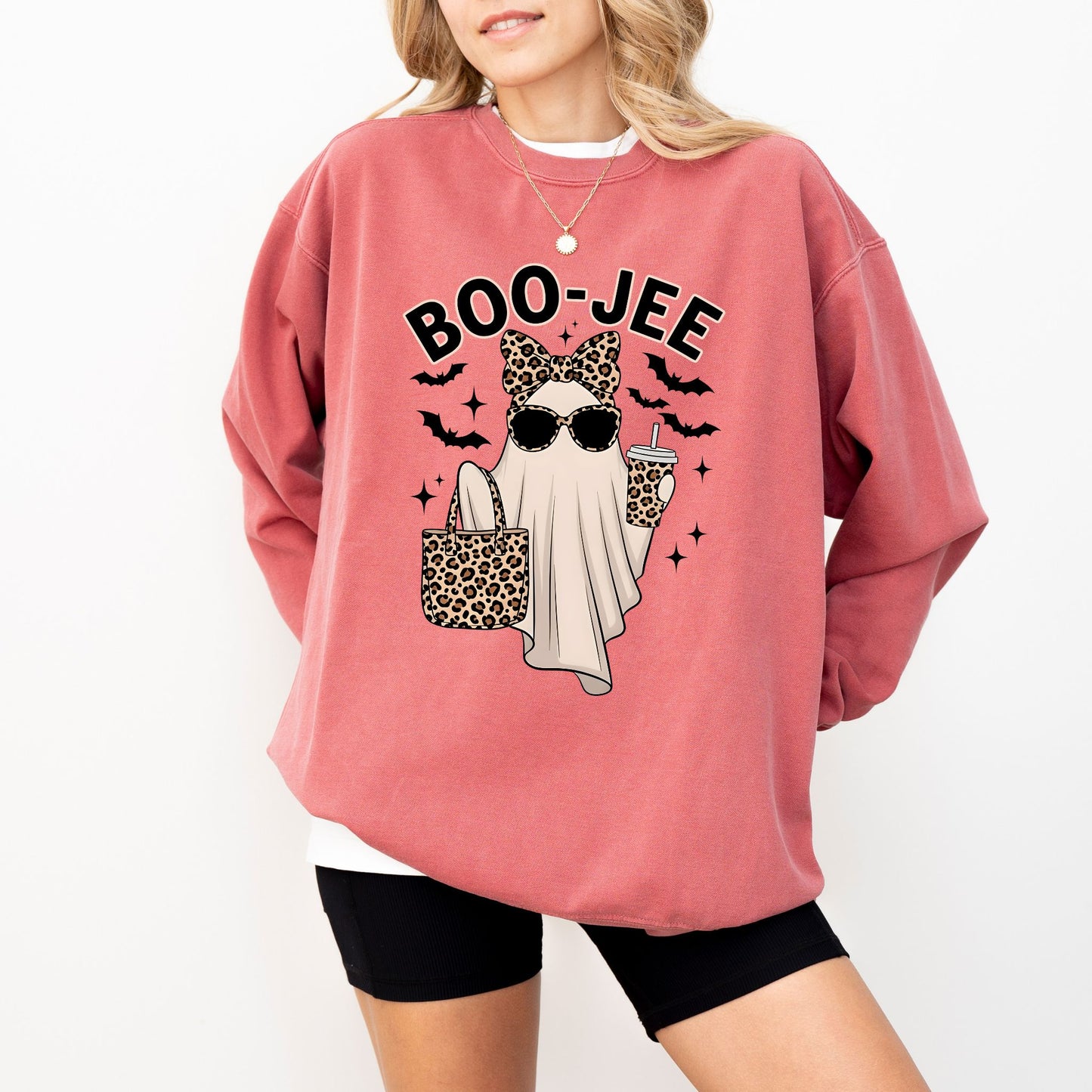Boo-Jee Halloween Sweatshirt, Funny Ghost Leopard Print Pullover, Cozy Spooky Season Sweater