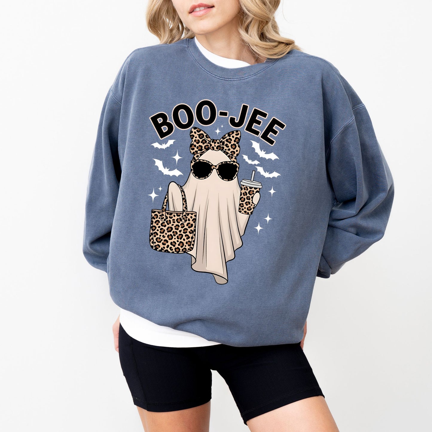 Boo-Jee Halloween Sweatshirt, Funny Ghost Leopard Print Pullover, Cozy Spooky Season Sweater
