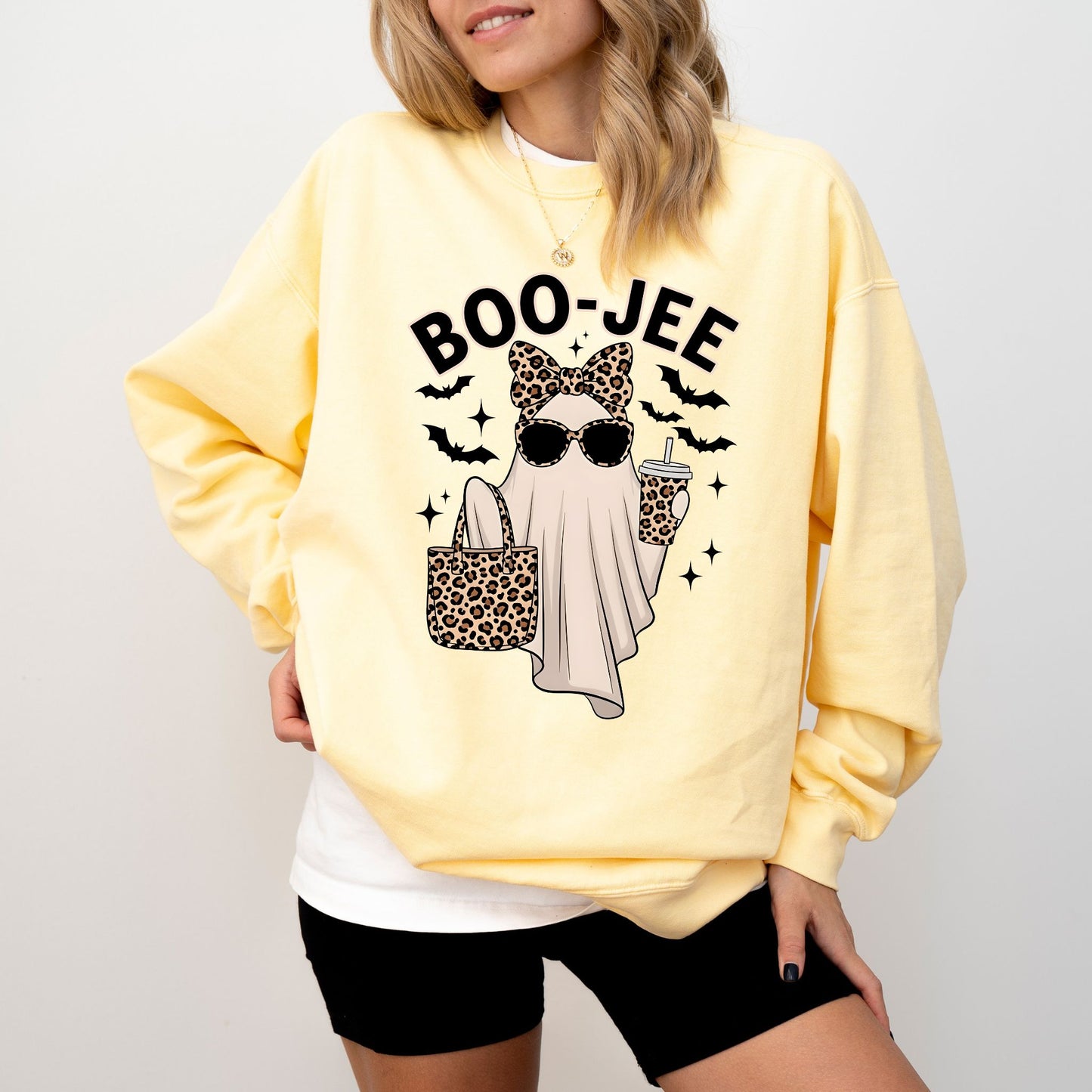 Boo-Jee Halloween Sweatshirt, Funny Ghost Leopard Print Pullover, Cozy Spooky Season Sweater