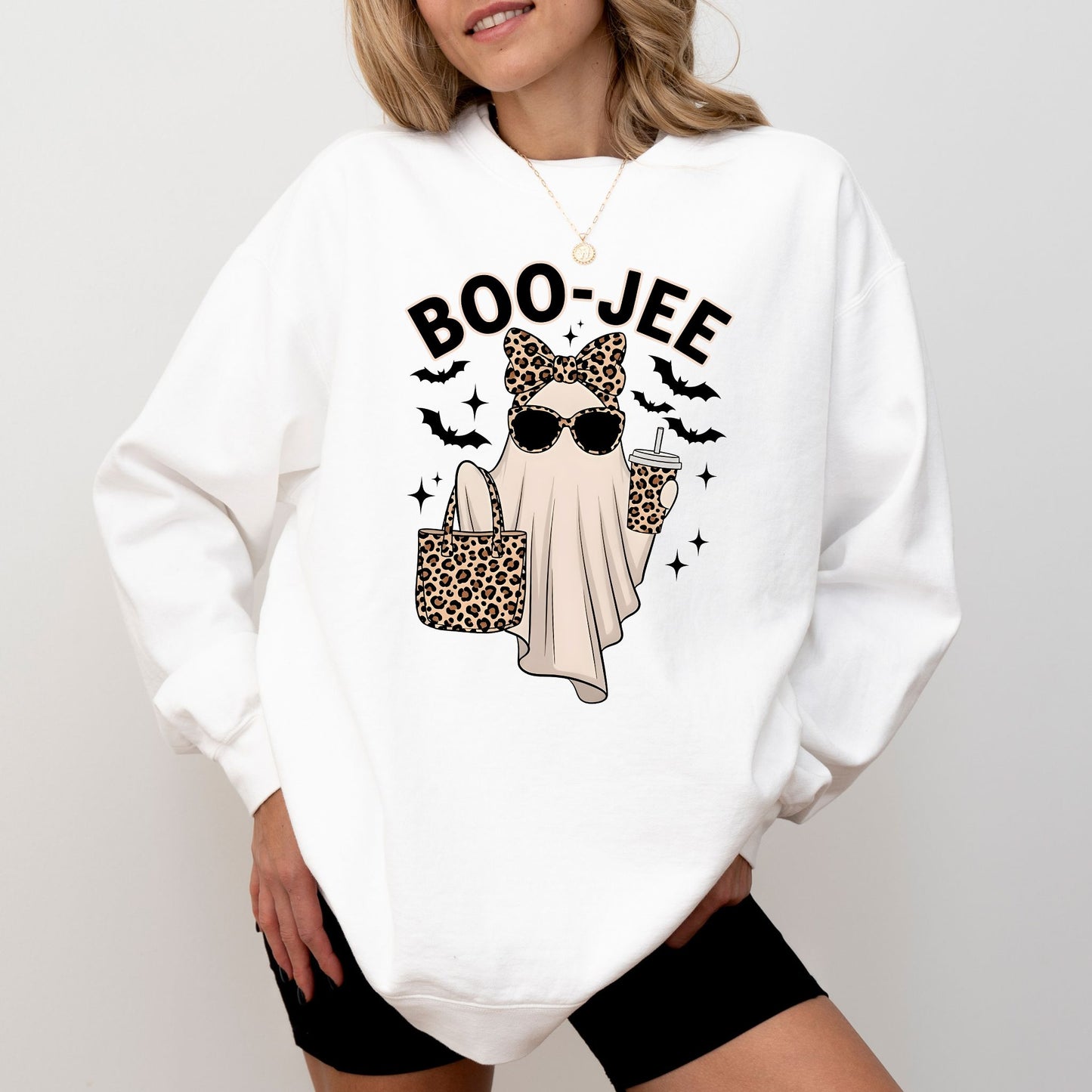 Boo-Jee Halloween Sweatshirt, Funny Ghost Leopard Print Pullover, Cozy Spooky Season Sweater