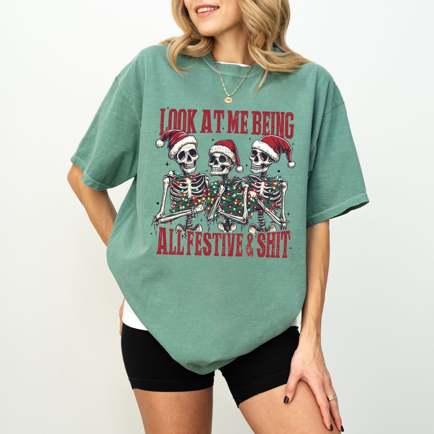 Funny Christmas Skeleton T-Shirt – Look At Me Being All Festive Graphic Tee | Comfort Colors® Holiday Shirt