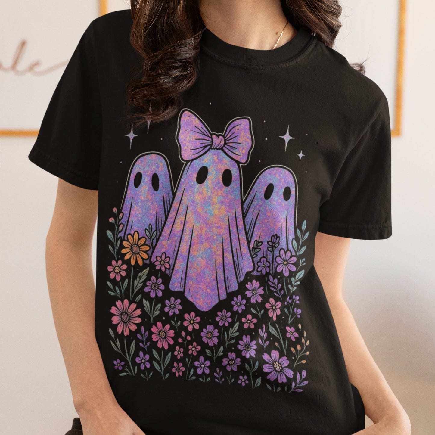 Coquette Floral Ghosts T-Shirt – Pastel Spooky Cute Graphic on Comfort Colors® Tee