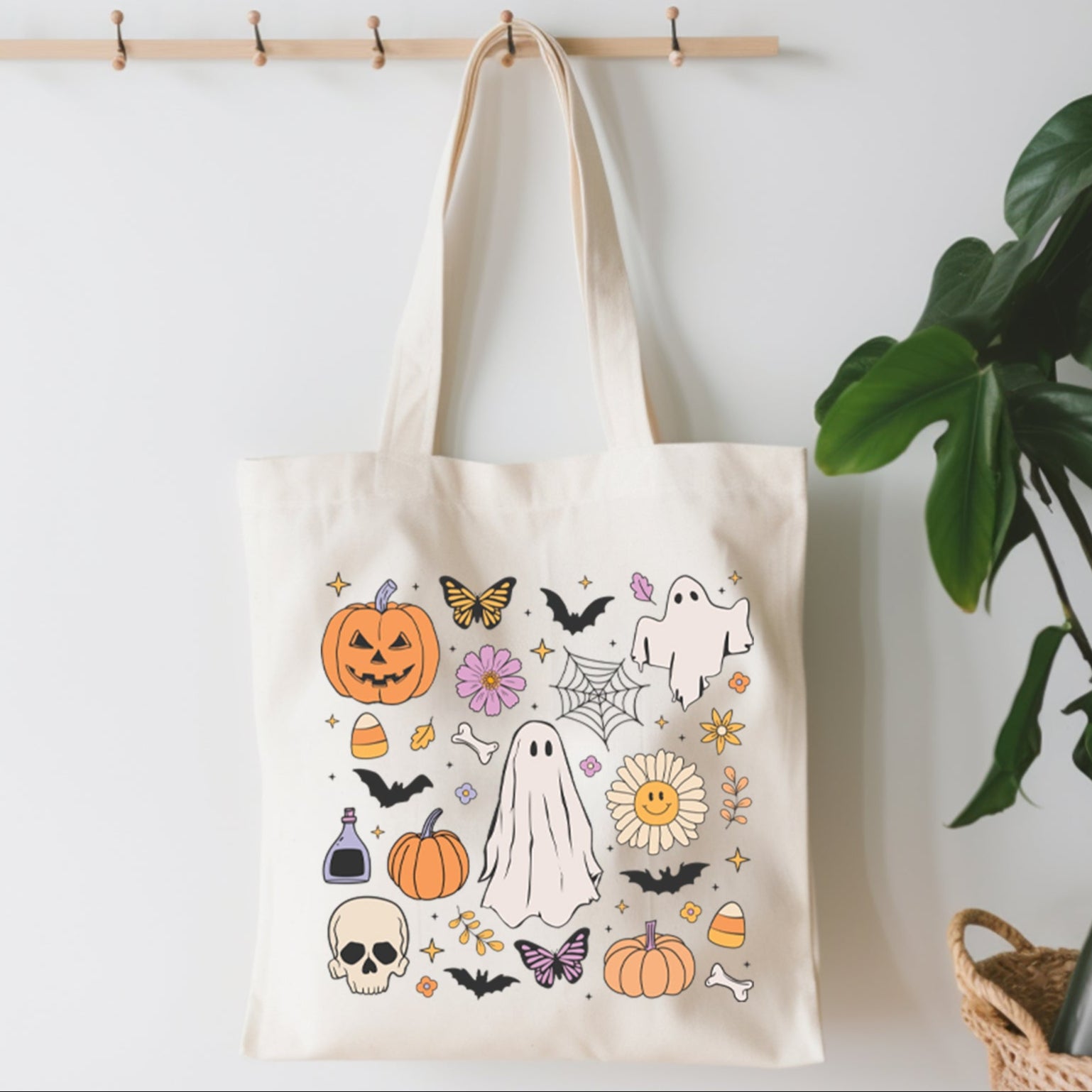 THEYGE Halloween Canvas Tote Bag - Vintage Ghost Print Reusable Grocery Bag