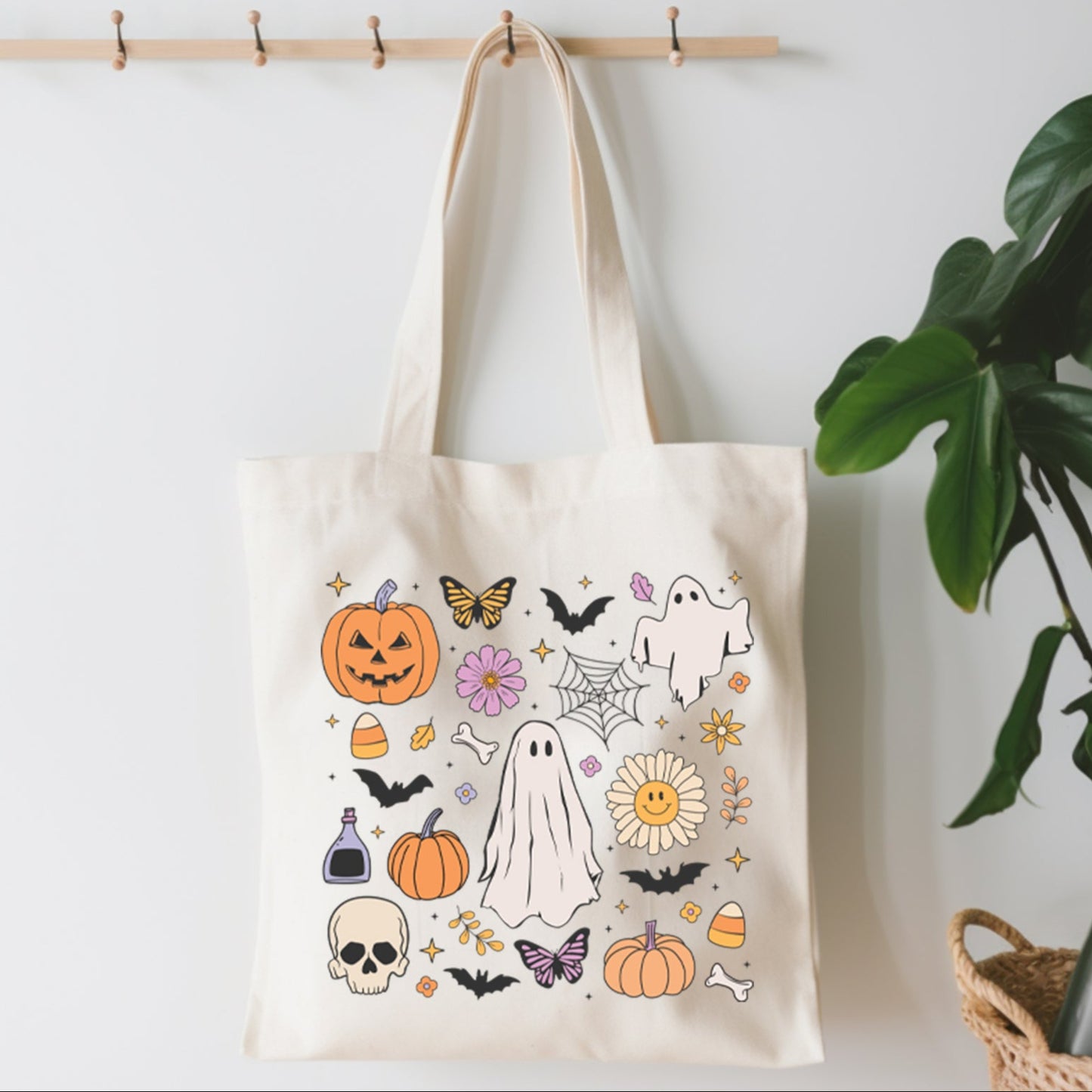 Doodle Halloween Tote Bag – Spooky & Cute Canvas Trick or Treat Bag, Aesthetic Fall Tote
