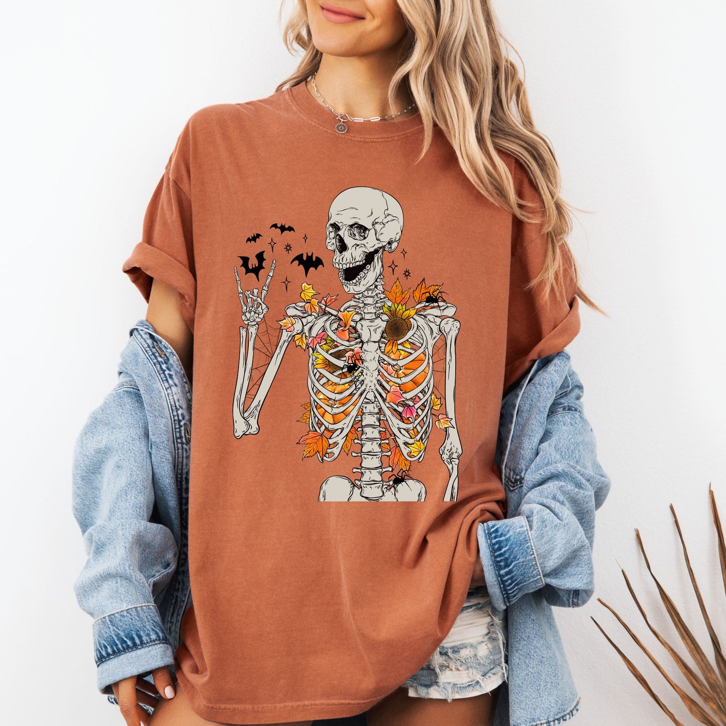 Fall Skeleton T-Shirt – Autumn Leaves Spooky Halloween Graphic Tee