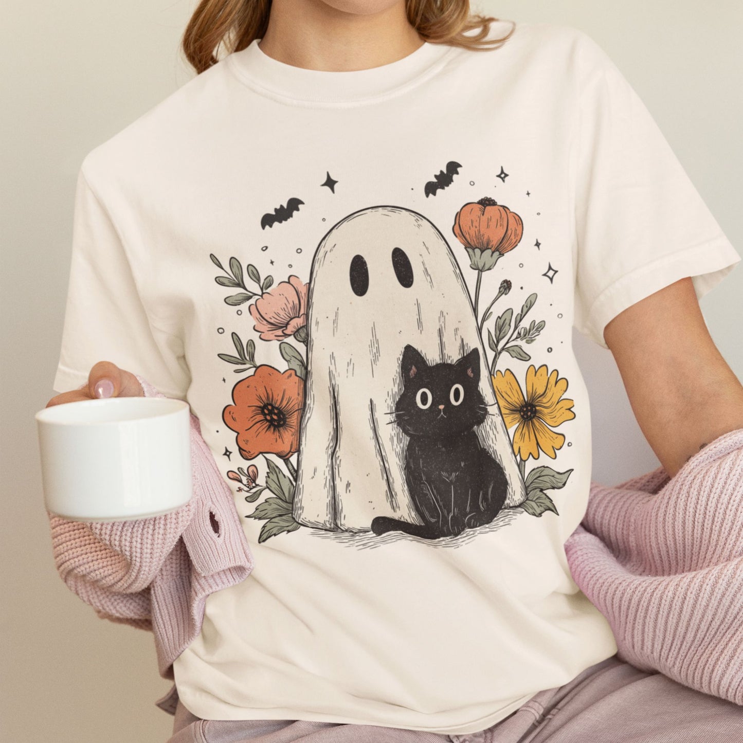 Ghost & Black Cat T-Shirt – Spooky Cute Floral Graphic on Comfort Colors® Tee