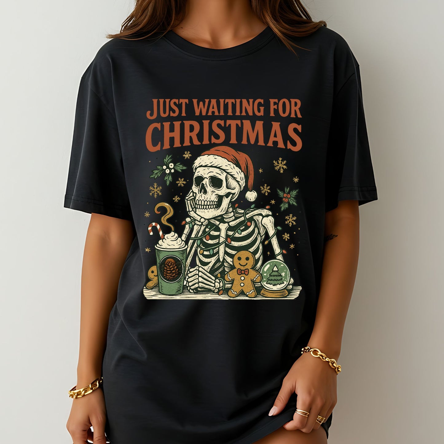 Just Waiting For Christmas Comfort Colors® T-Shirt – Retro Skeleton Holiday Tee