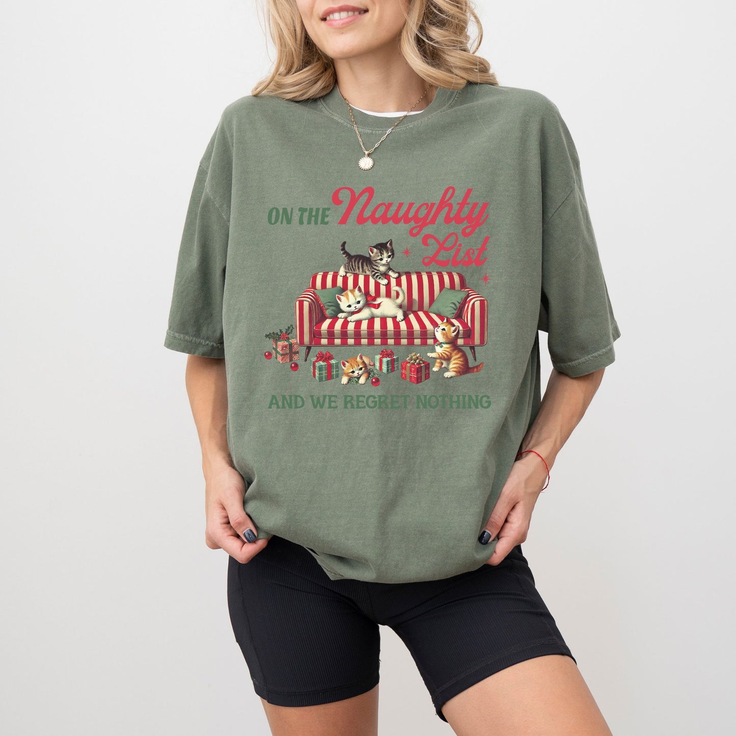 Naughty List Cat Christmas T-Shirt – Funny Retro Holiday Graphic Tee