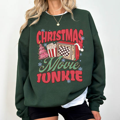 Christmas Movie Junkie Sweatshirt – Retro TV & Popcorn Holiday Crewneck