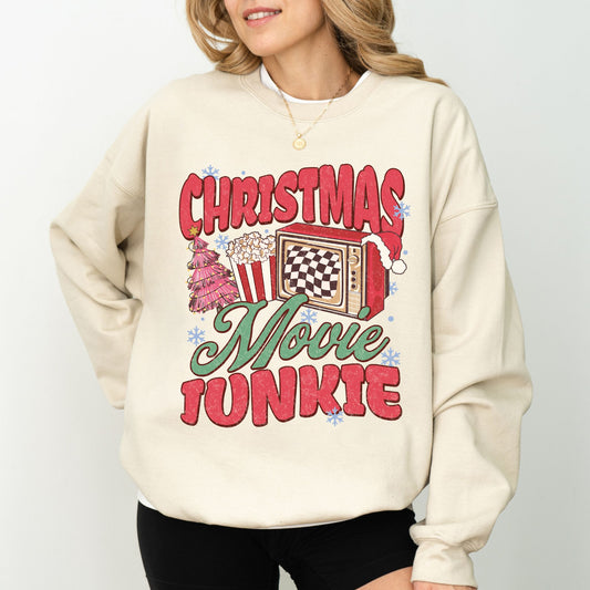 Christmas Movie Junkie Sweatshirt – Retro TV & Popcorn Holiday Crewneck
