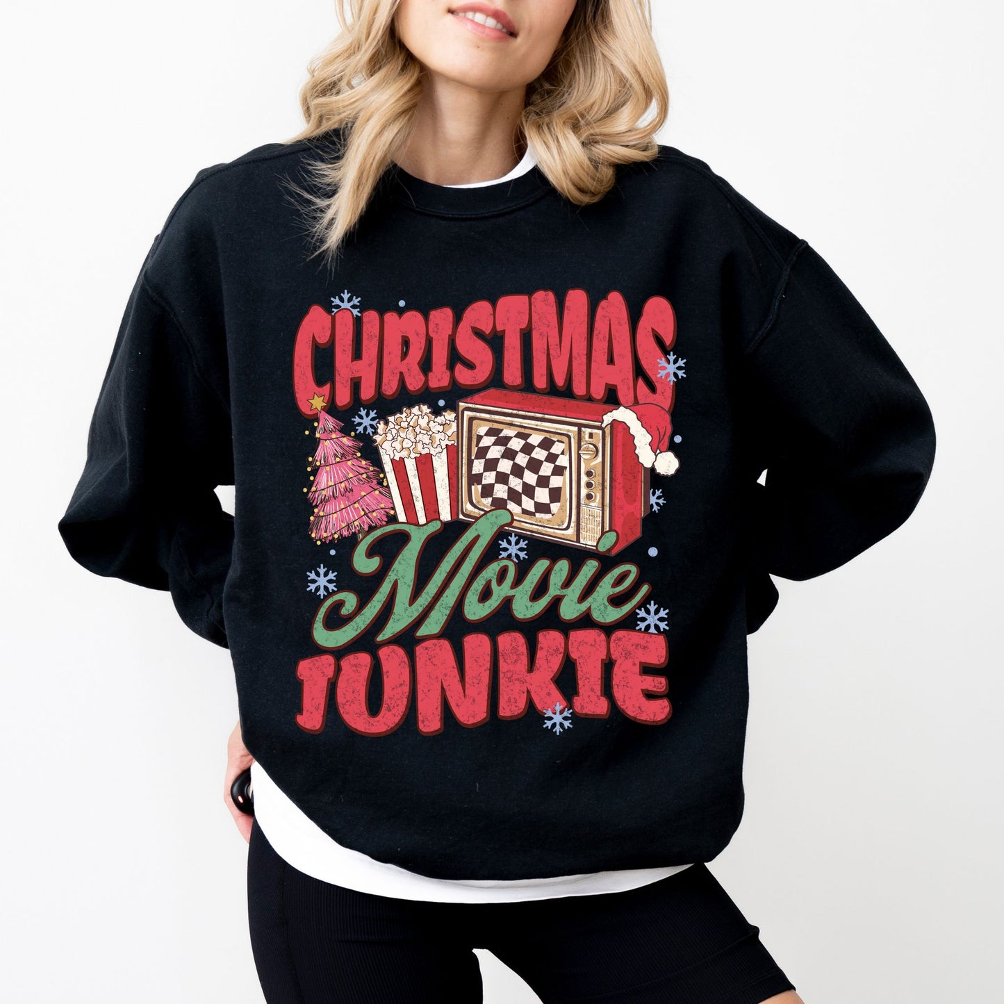 Christmas Movie Junkie Sweatshirt – Retro TV & Popcorn Holiday Crewneck