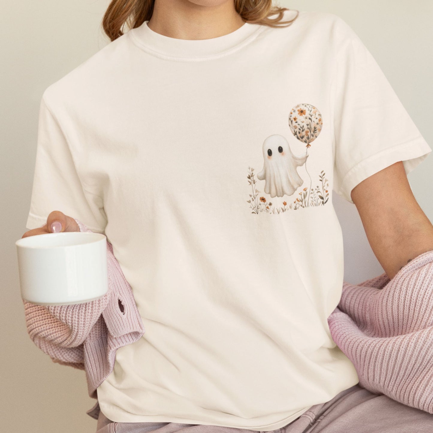 Balloon Ghost T-Shirt – Minimal Spooky Cute Floral Balloon on Comfort Colors® Tee