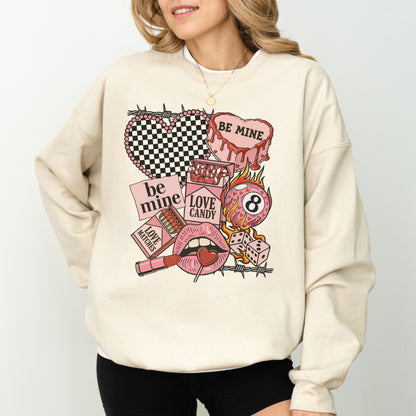 "Be Mine" Edgy Retro Valentine's Sweatshirt, Checkered Heart & 8-Ball Graphic Crewneck
