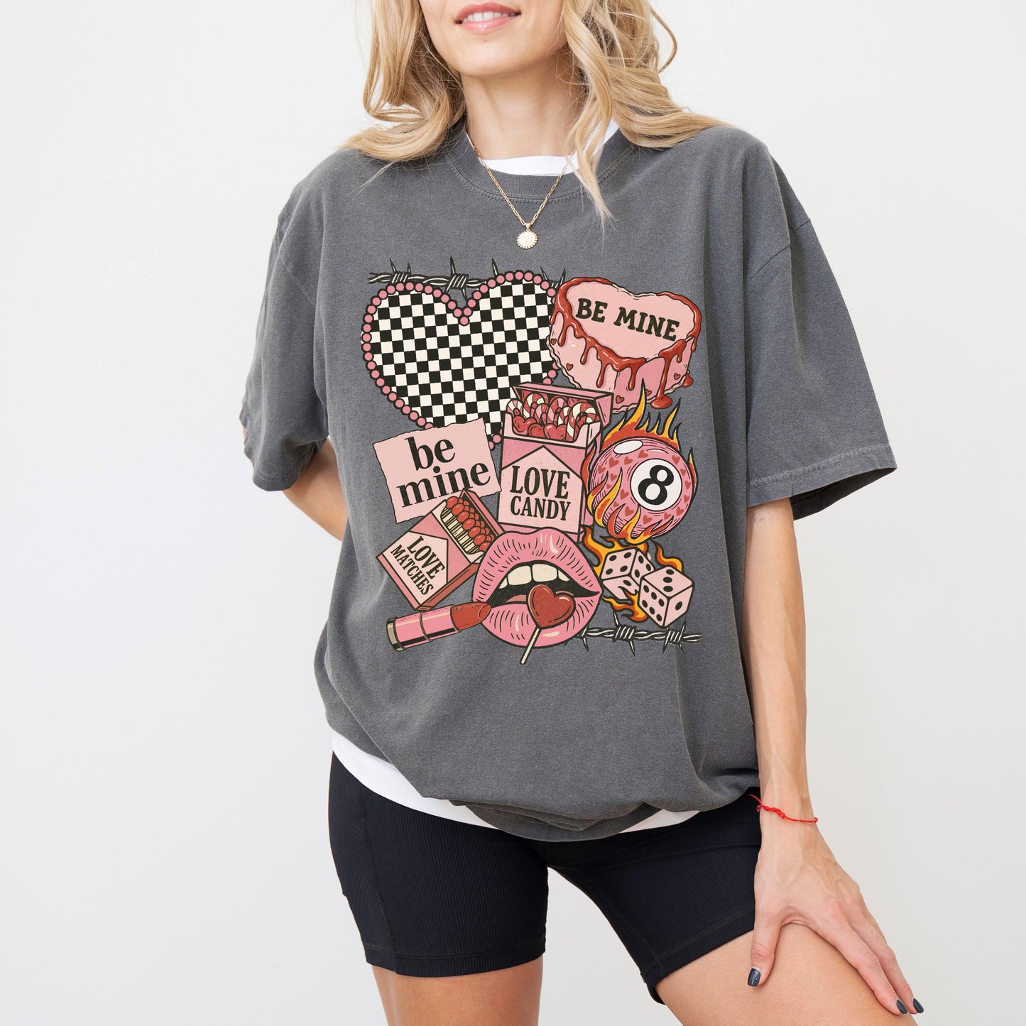 "Be Mine" Edgy Retro Valentine's T-Shirt, Checkered Heart & 8-Ball Graphic Tee, Love Candy Apparel