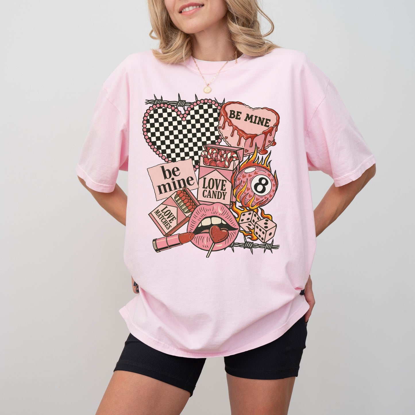 "Be Mine" Edgy Retro Valentine's T-Shirt, Checkered Heart & 8-Ball Graphic Tee, Love Candy Apparel