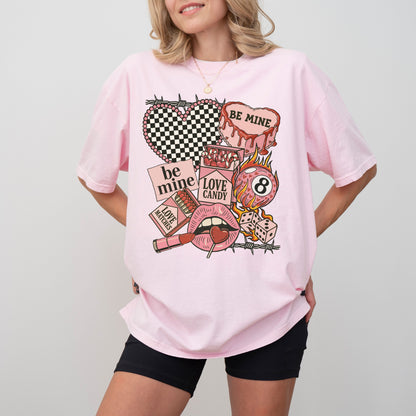 "Be Mine" Edgy Retro Valentine's T-Shirt, Checkered Heart & 8-Ball Graphic Tee, Love Candy Apparel