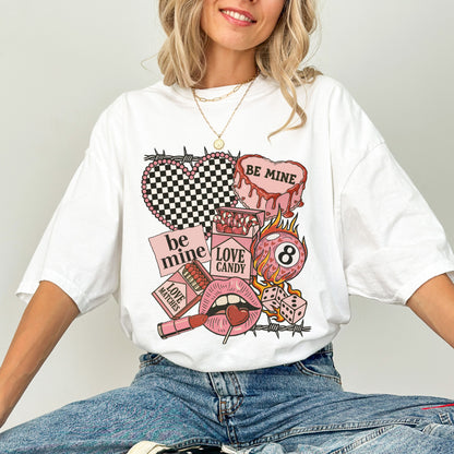 "Be Mine" Edgy Retro Valentine's T-Shirt, Checkered Heart & 8-Ball Graphic Tee, Love Candy Apparel
