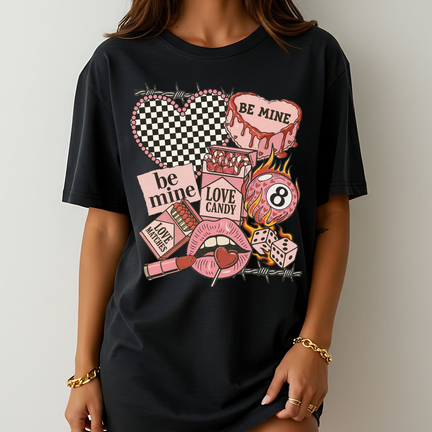"Be Mine" Edgy Retro Valentine's T-Shirt, Checkered Heart & 8-Ball Graphic Tee, Love Candy Apparel
