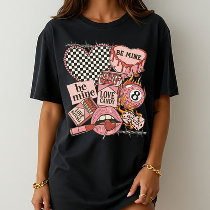 "Be Mine" Edgy Retro Valentine's T-Shirt, Checkered Heart & 8-Ball Graphic Tee, Love Candy Apparel