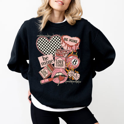 "Be Mine" Edgy Retro Valentine's Sweatshirt, Checkered Heart & 8-Ball Graphic Crewneck