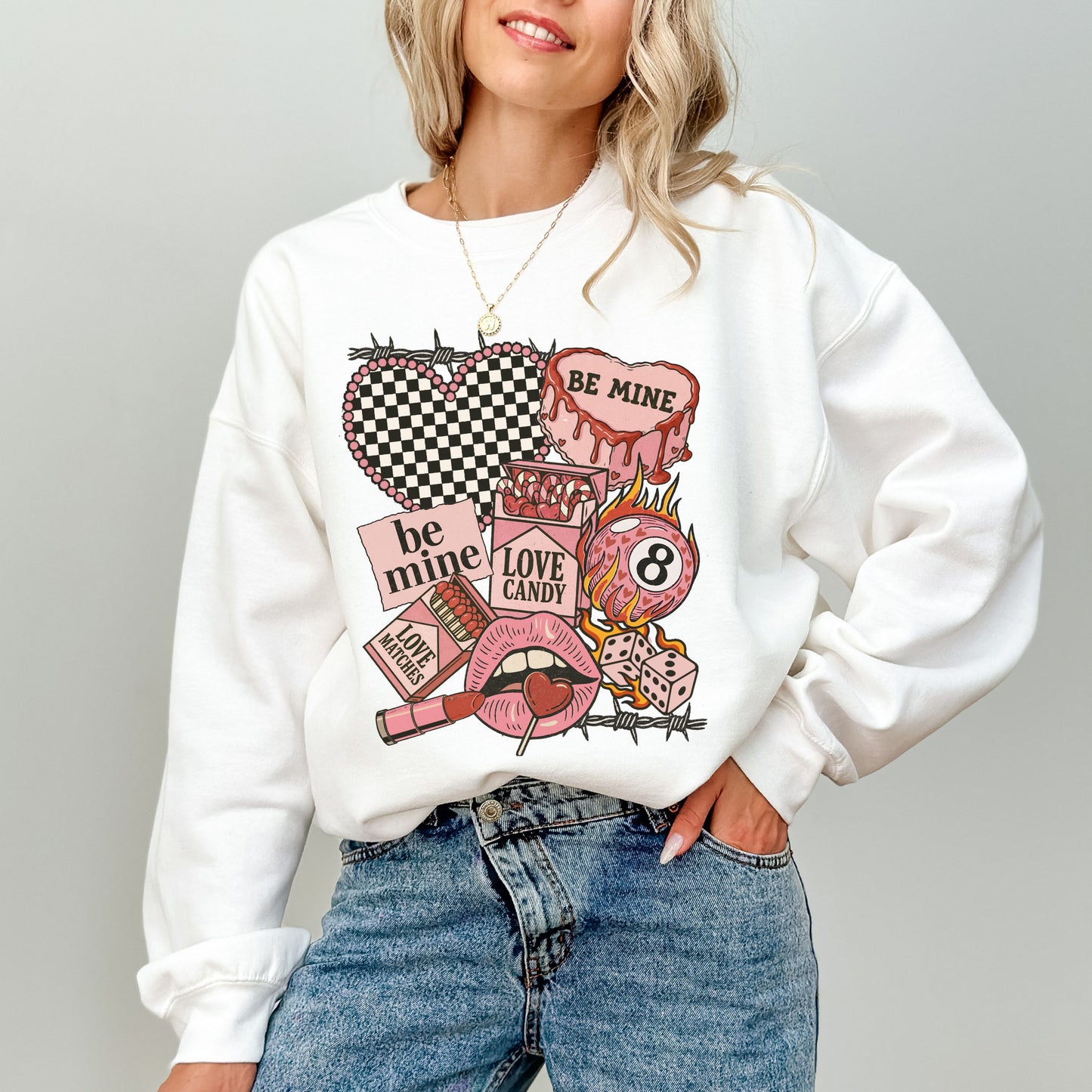 "Be Mine" Edgy Retro Valentine's Sweatshirt, Checkered Heart & 8-Ball Graphic Crewneck