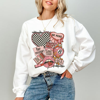 "Be Mine" Edgy Retro Valentine's Sweatshirt, Checkered Heart & 8-Ball Graphic Crewneck
