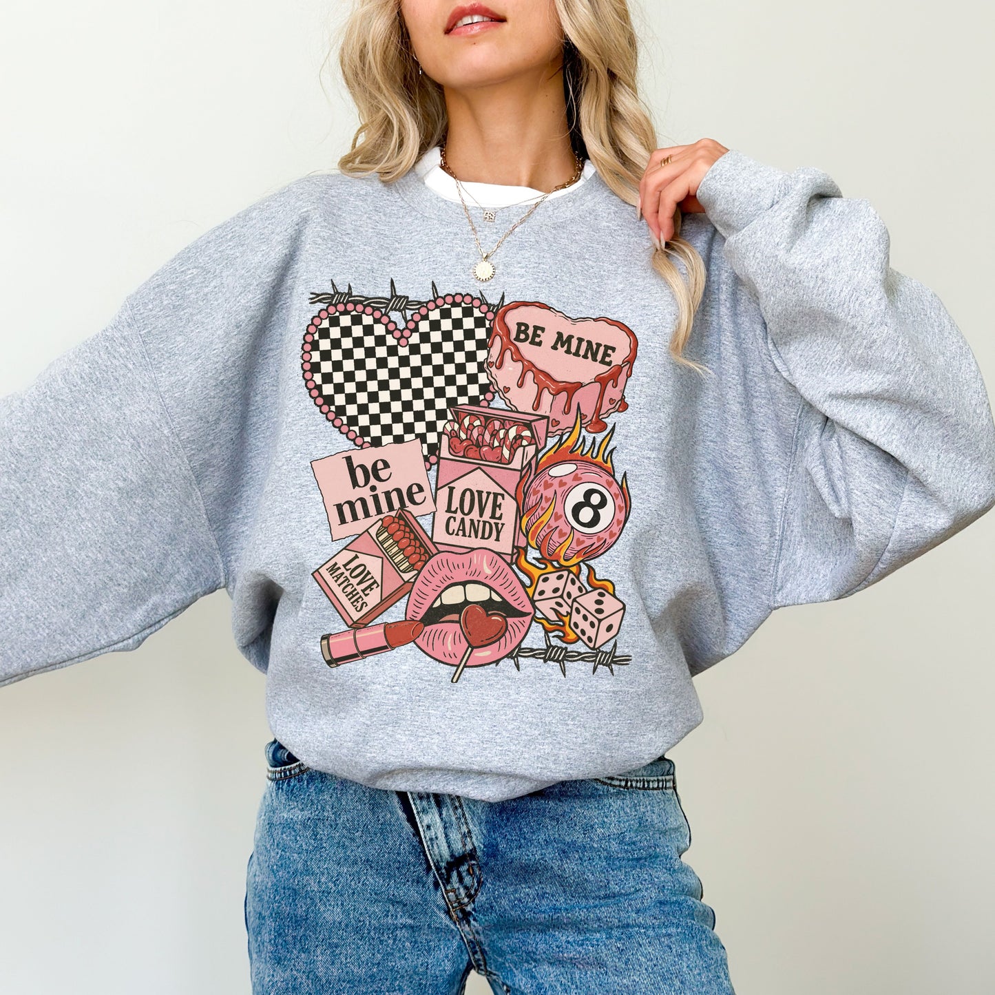 "Be Mine" Edgy Retro Valentine's Sweatshirt, Checkered Heart & 8-Ball Graphic Crewneck