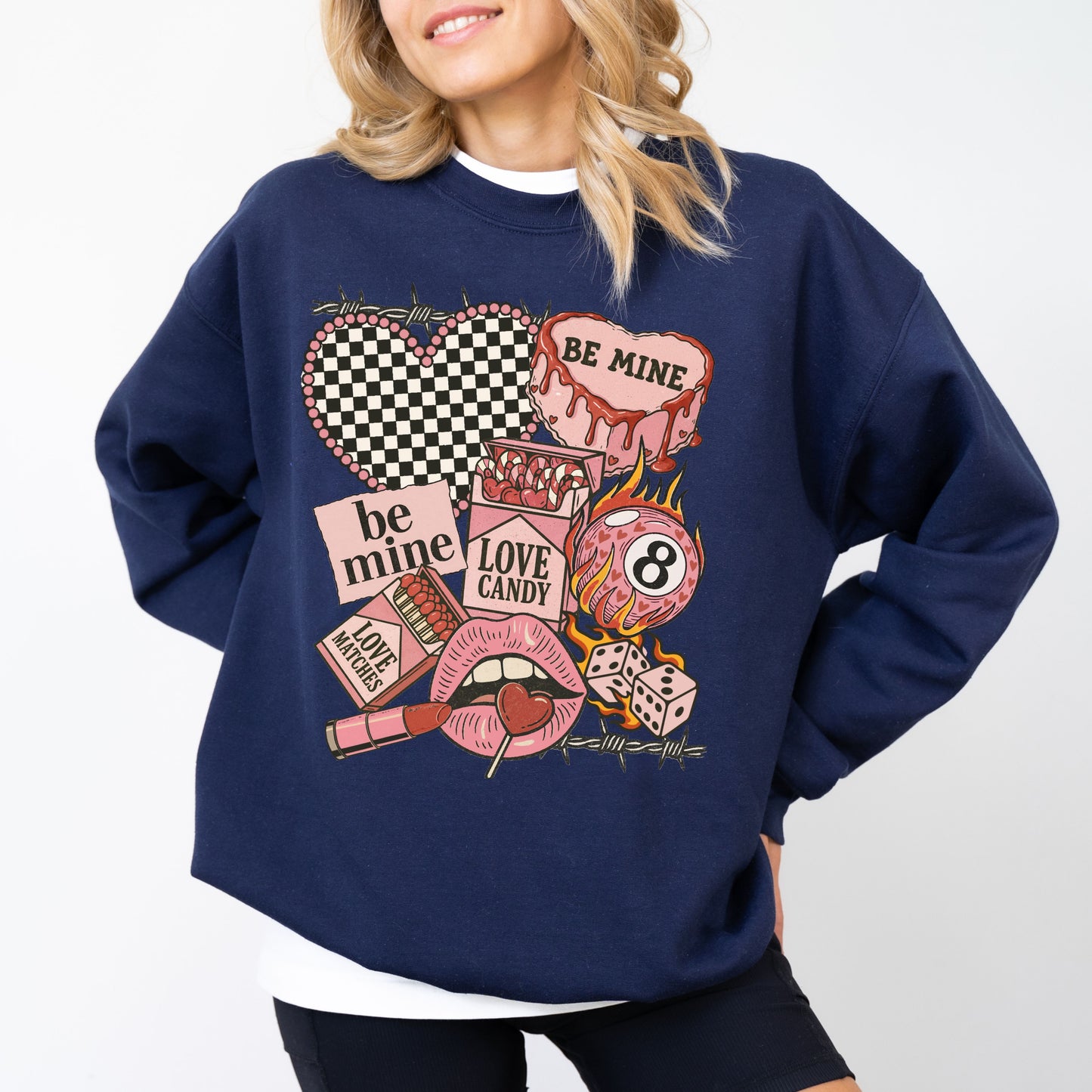 "Be Mine" Edgy Retro Valentine's Sweatshirt, Checkered Heart & 8-Ball Graphic Crewneck