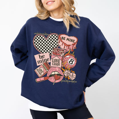 "Be Mine" Edgy Retro Valentine's Sweatshirt, Checkered Heart & 8-Ball Graphic Crewneck