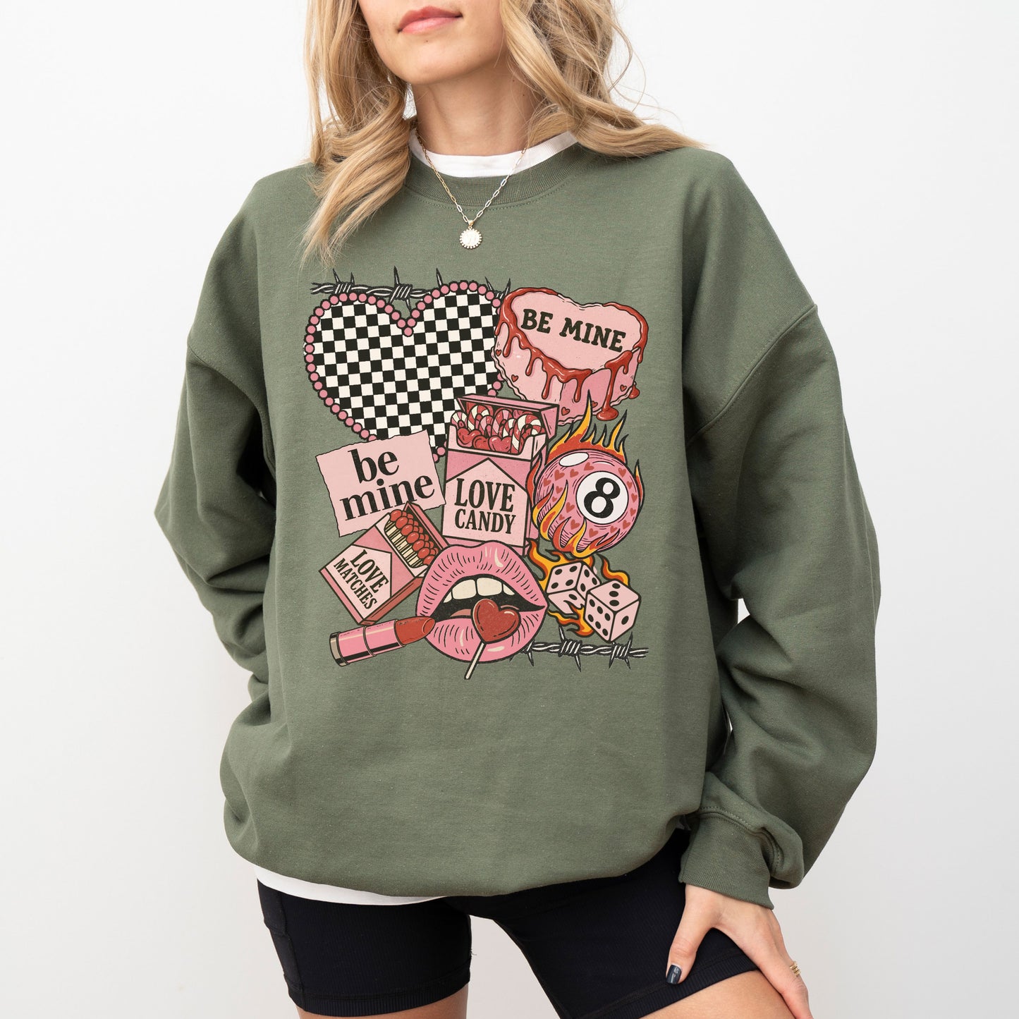 "Be Mine" Edgy Retro Valentine's Sweatshirt, Checkered Heart & 8-Ball Graphic Crewneck