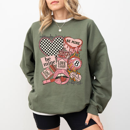 "Be Mine" Edgy Retro Valentine's Sweatshirt, Checkered Heart & 8-Ball Graphic Crewneck