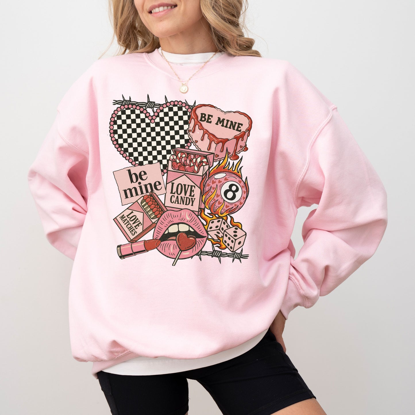 "Be Mine" Edgy Retro Valentine's Sweatshirt, Checkered Heart & 8-Ball Graphic Crewneck