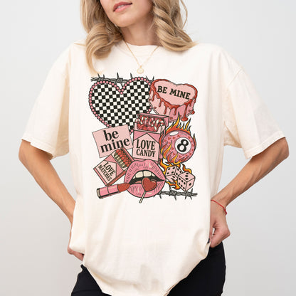 "Be Mine" Edgy Retro Valentine's T-Shirt, Checkered Heart & 8-Ball Graphic Tee, Love Candy Apparel
