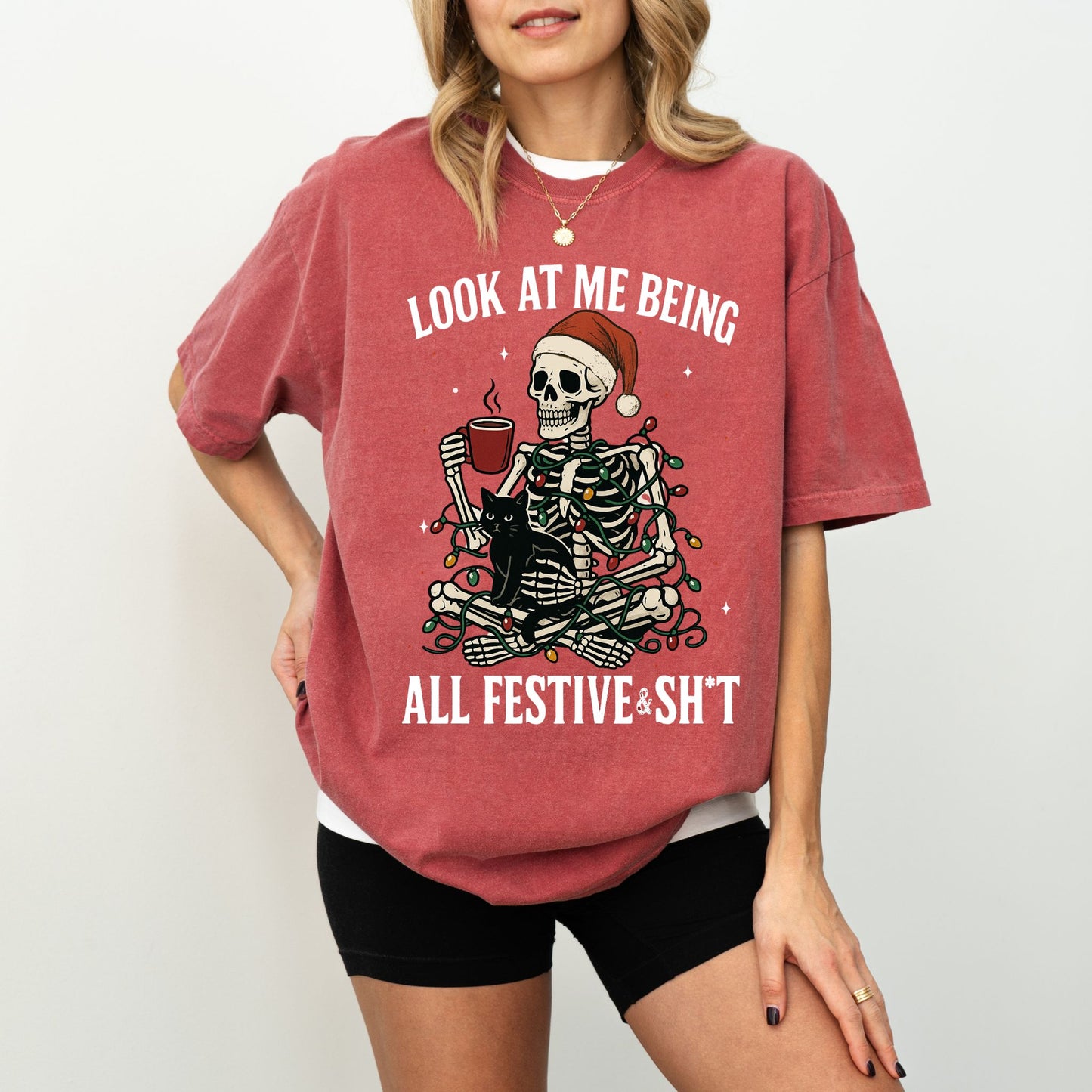 Look At Me Being All Festive & Sh*t T-Shirt – Comfort Colors® Christmas Skeleton Cat Tee