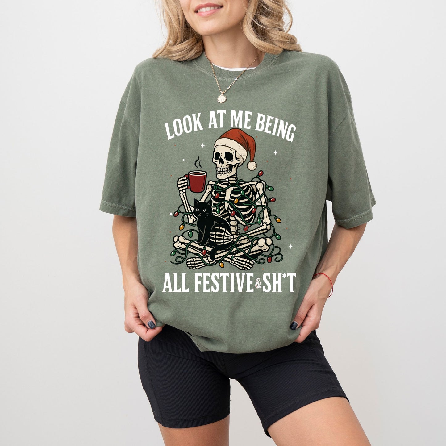Look At Me Being All Festive & Sh*t T-Shirt – Comfort Colors® Christmas Skeleton Cat Tee