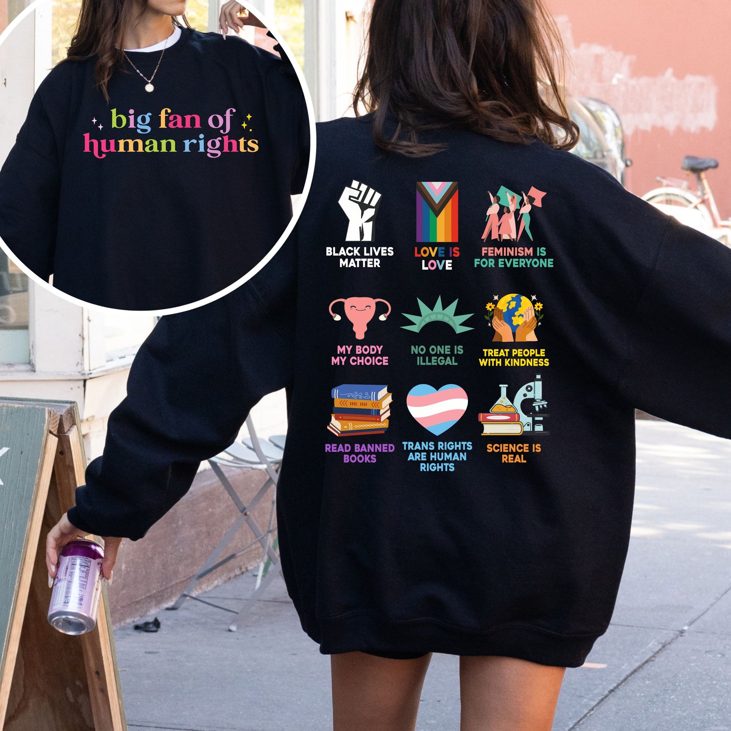 Big Fan of Human Rights Sweatshirt – Front & Back Activism Graphic Crewneck