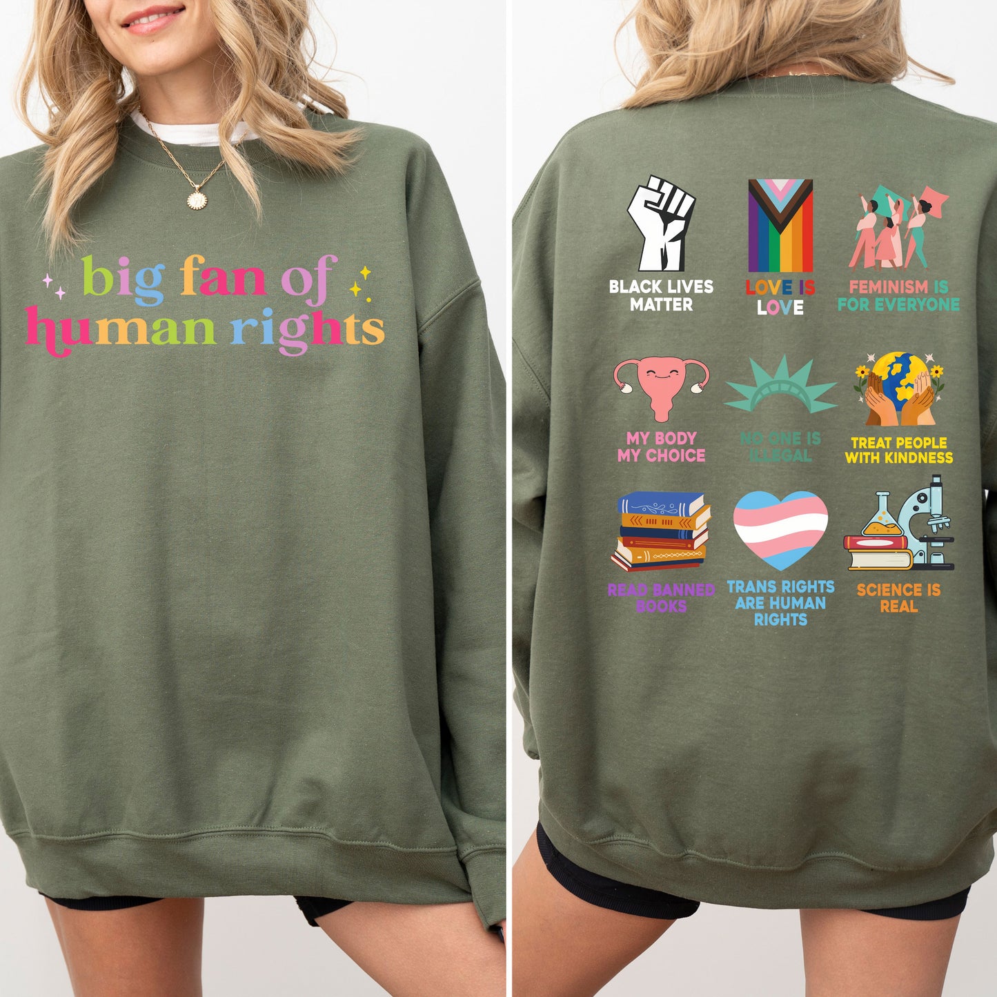 Big Fan of Human Rights Sweatshirt – Front & Back Activism Graphic Crewneck