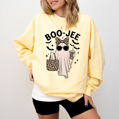 Boo-Jee Halloween Sweatshirt, Funny Ghost Leopard Print Pullover, Cozy Spooky Season Sweater