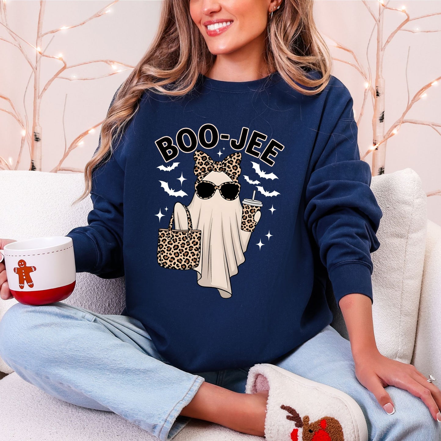 Boo-Jee Halloween Sweatshirt, Funny Ghost Leopard Print Pullover, Cozy Spooky Season Sweater
