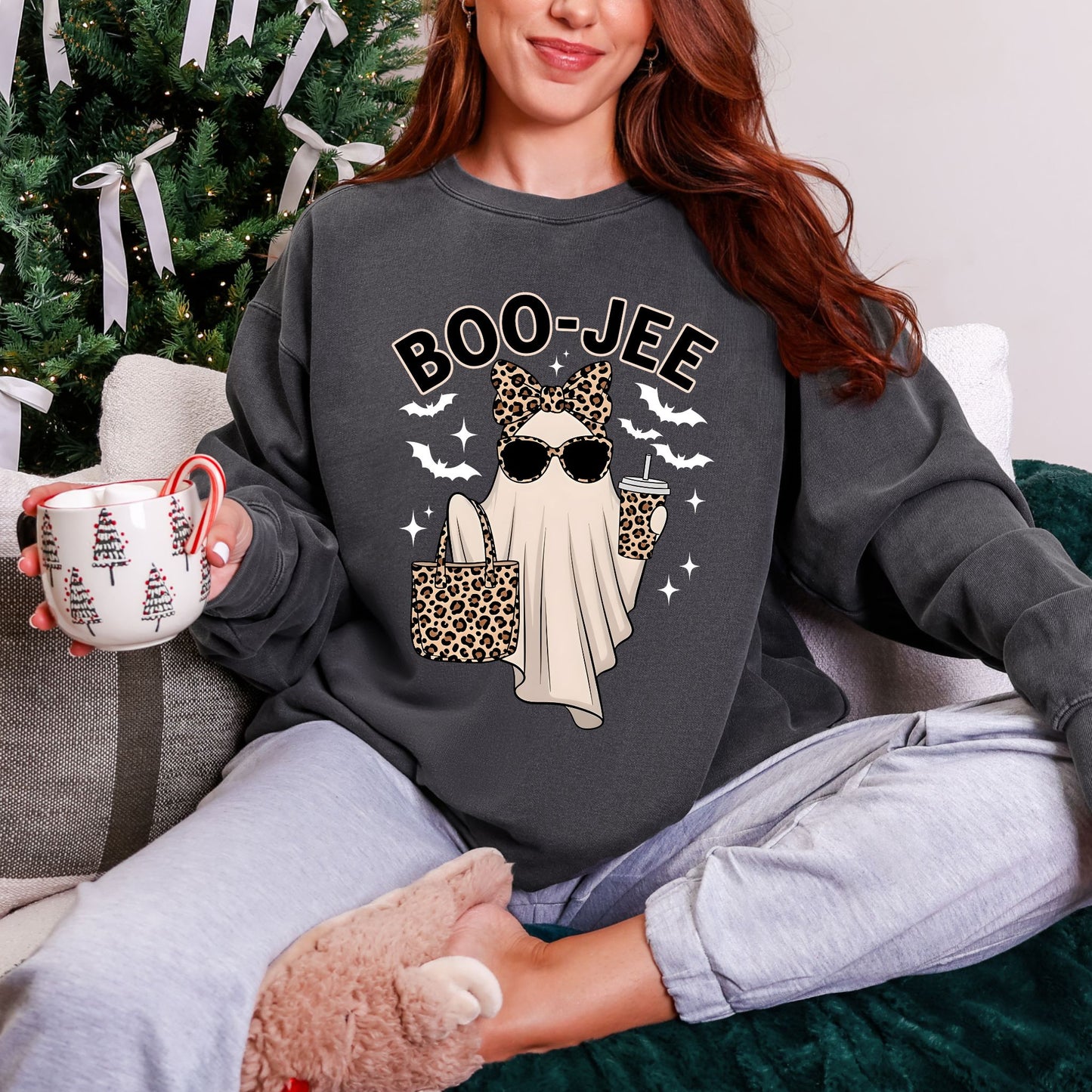 Boo-Jee Halloween Sweatshirt, Funny Ghost Leopard Print Pullover, Cozy Spooky Season Sweater
