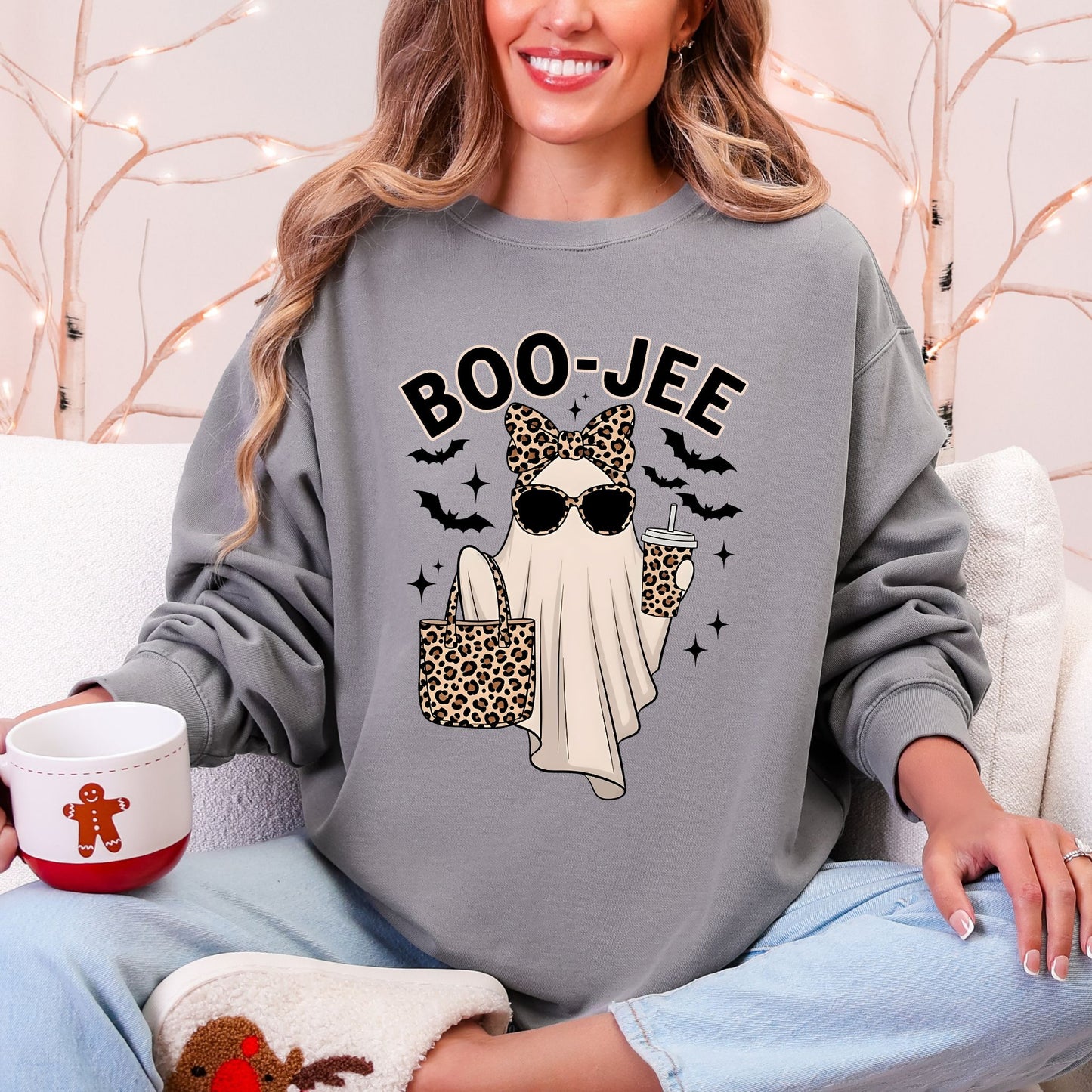 Boo-Jee Halloween Sweatshirt, Funny Ghost Leopard Print Pullover, Cozy Spooky Season Sweater