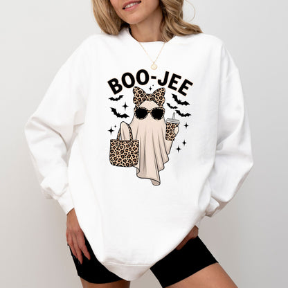 Boo-Jee Halloween Sweatshirt, Funny Ghost Leopard Print Pullover, Cozy Spooky Season Sweater