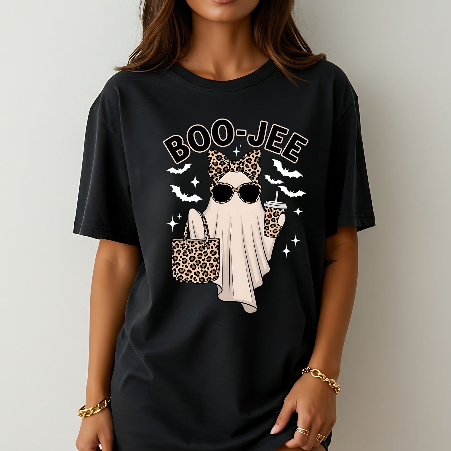 BOO-JEE Halloween T-Shirt – Funny Ghost Leopard Print Boojee Tee for Spooky Season