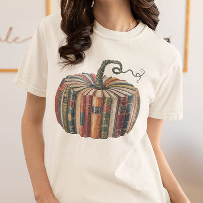 Book Pumpkin T-Shirt, Cozy Fall Aesthetic Tee, Comfort Colors® Shirt for Book Lovers