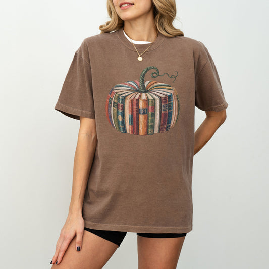 Book Pumpkin T-Shirt, Cozy Fall Aesthetic Tee, Comfort Colors® Shirt for Book Lovers