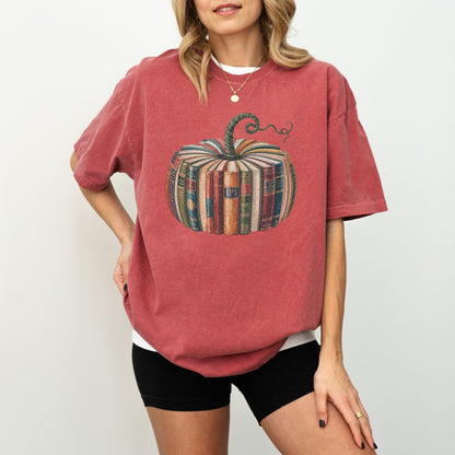 Book Pumpkin T-Shirt, Cozy Fall Aesthetic Tee, Comfort Colors® Shirt for Book Lovers