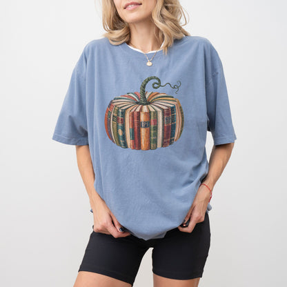 Book Pumpkin T-Shirt, Cozy Fall Aesthetic Tee, Comfort Colors® Shirt for Book Lovers