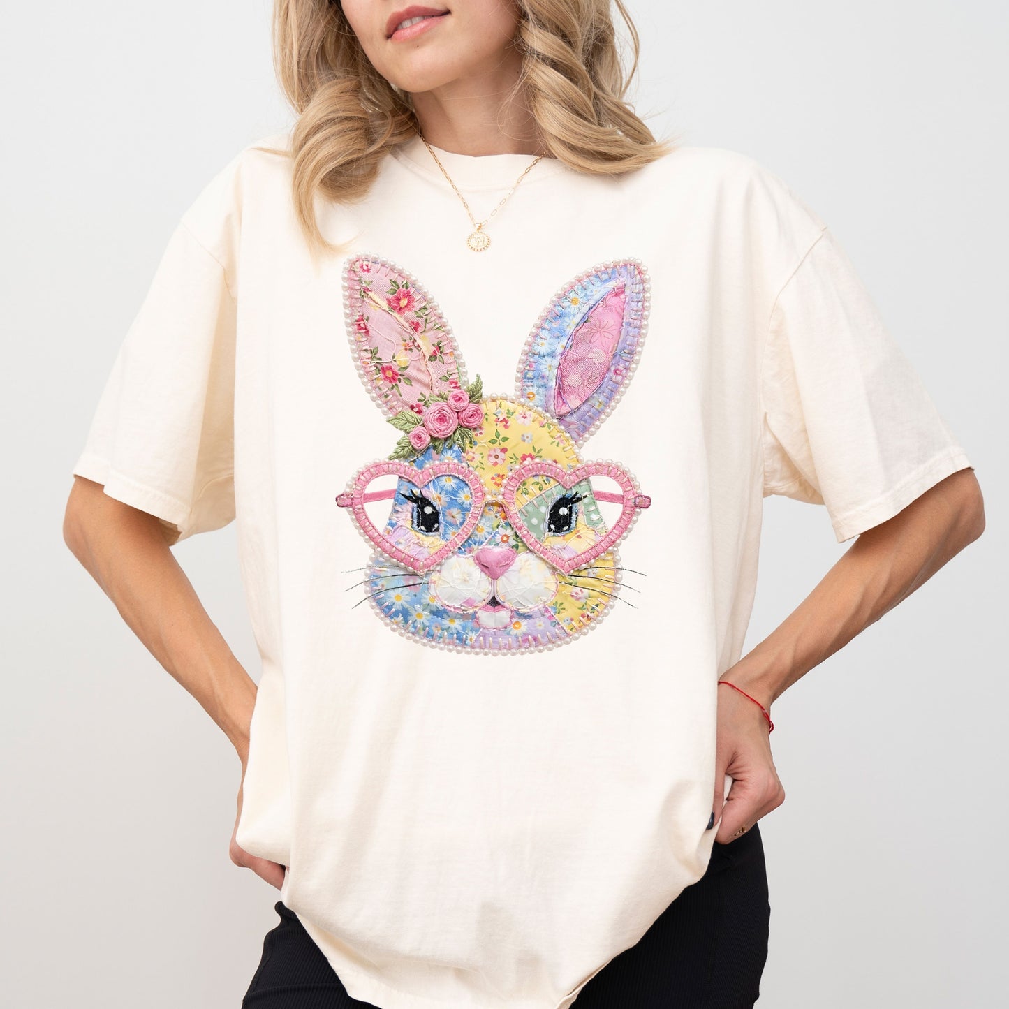 Patchwork Bunny Easter T-Shirt, Floral Bunny Spring Tee