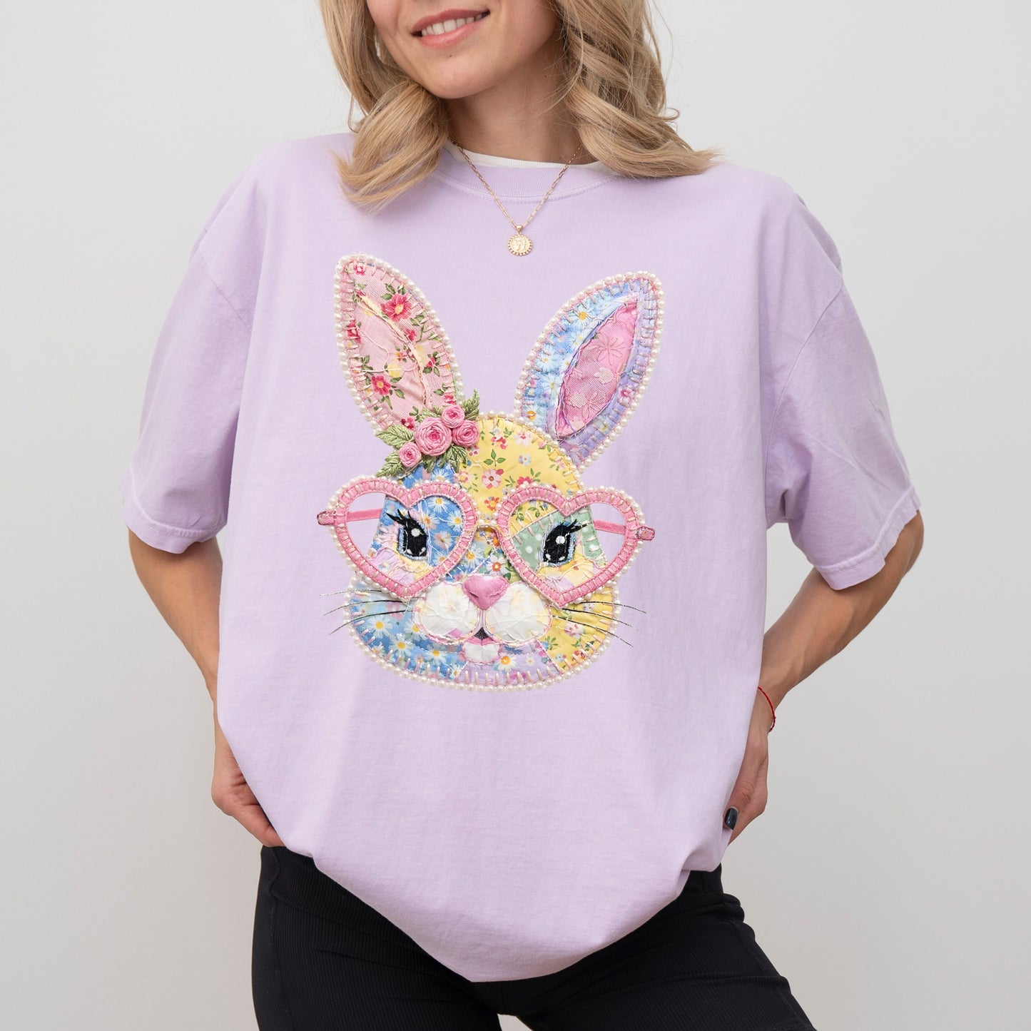 Patchwork Bunny Easter T-Shirt, Floral Bunny Spring Tee